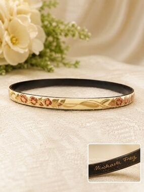 Vintage Michaela Frey Austria Enamel Bangle Bracelet | Hand Painted Floral Ivory